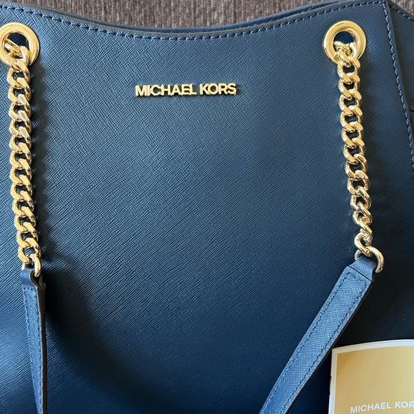 MICHAEL KORS Navy Blue Leather Jet Set Travel Gold-Tone Hardware Tote Handbag - Picture 5 of 16